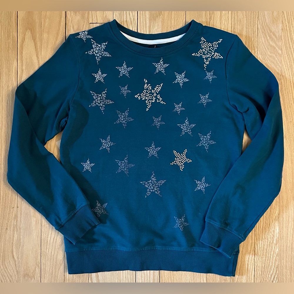 RIO Women’s Teal Embellished Star Print Crewneck Sweatshirt, Size Small